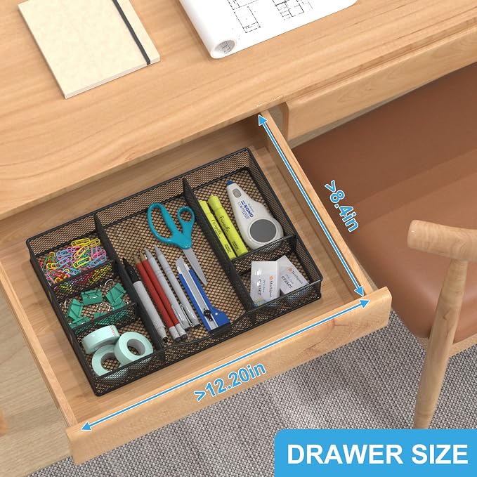 VyGrow Desk Drawer Organizer Tray, Metal Mesh Drawer Organizers Office, 6 Adjustable Compartment, Desk Organizer Tray for Home Office 12 x 8.26 x 1.96 inch, Black, 1 Pack