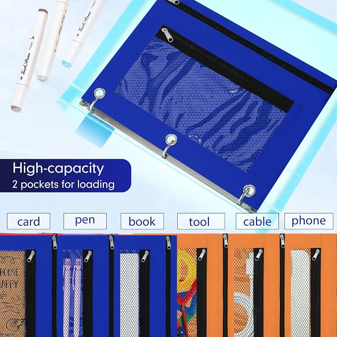 Leelosp 48 Pack Pencil Pouch for 3 Ring Binder,Blue, Orange | Bulk Mesh Zipper Binder Pouches Pencil Boxes for Classroom Pencils Case Bags for Storing School Students Teacher Supplies
