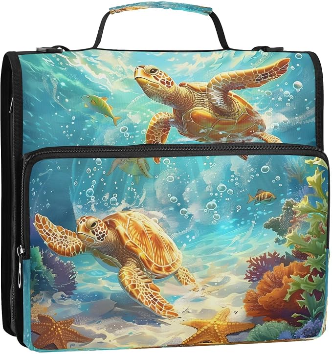 ALAZA Zipper Binder 3 Ring Sea Turtles on The Sea Binder Organizer with Zipper and Shoulder Strap Large Capacity Multi-Pocket Trapper Keeper File Folder for Office Supplies
