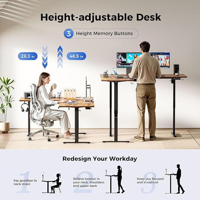 Agilestic 63 x 55 Inch L Shaped Standing Desk with Powerstrip, Rustic Brown | Outlets, Cable Management, Corner Desk, Ample Workspace, Memory Presets, Hooks, Stable Steel Frame,176 lbs, Splice Board