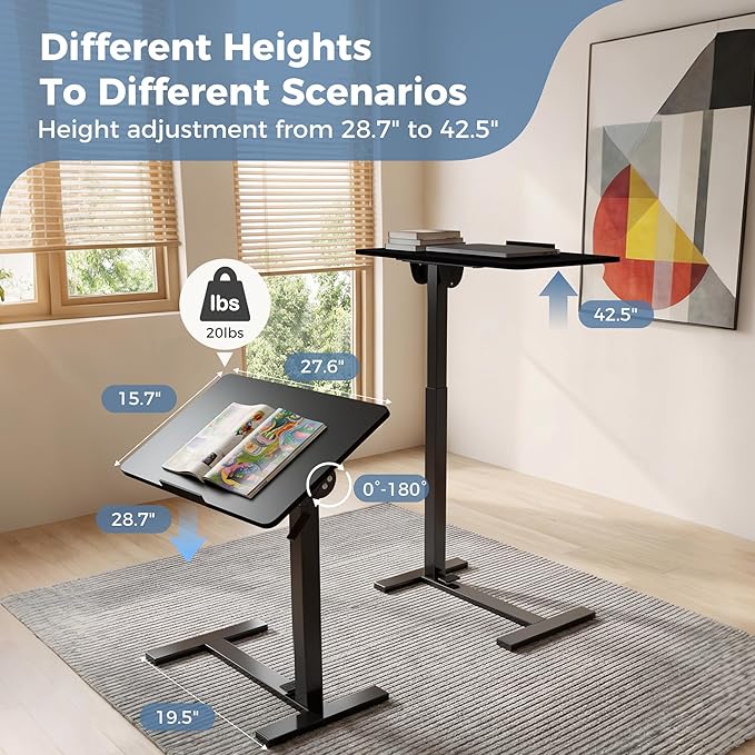 DUMOS Overbed Table with Wheels, Height-Adjustable Bedside Table, Black | Rolling standing desk with Pneumatic Lift, Portable mobile desk for Bed, Couch, Office, Sofa
