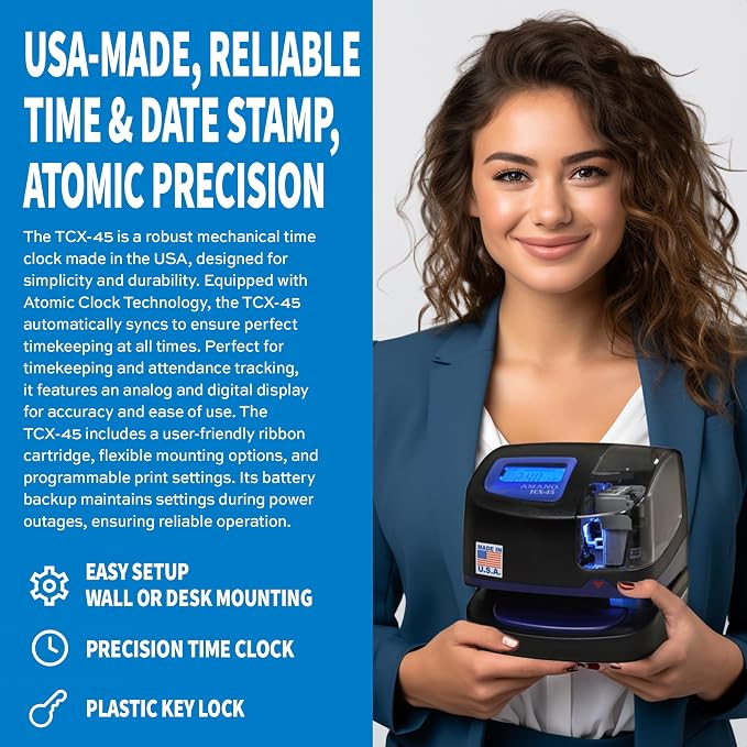 Amano TCX-45 Atomic Employee Clock with WWVB Synchronization, Automatically Corrects Drift Within 15 Minutes, Date Stamp Machine for Small Business, Made in USA