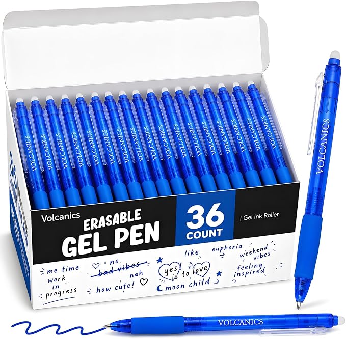 Volcanics Retractable Clicker Erasable Gel Pens, Blue Ink, 0.7mm, 36 Pack