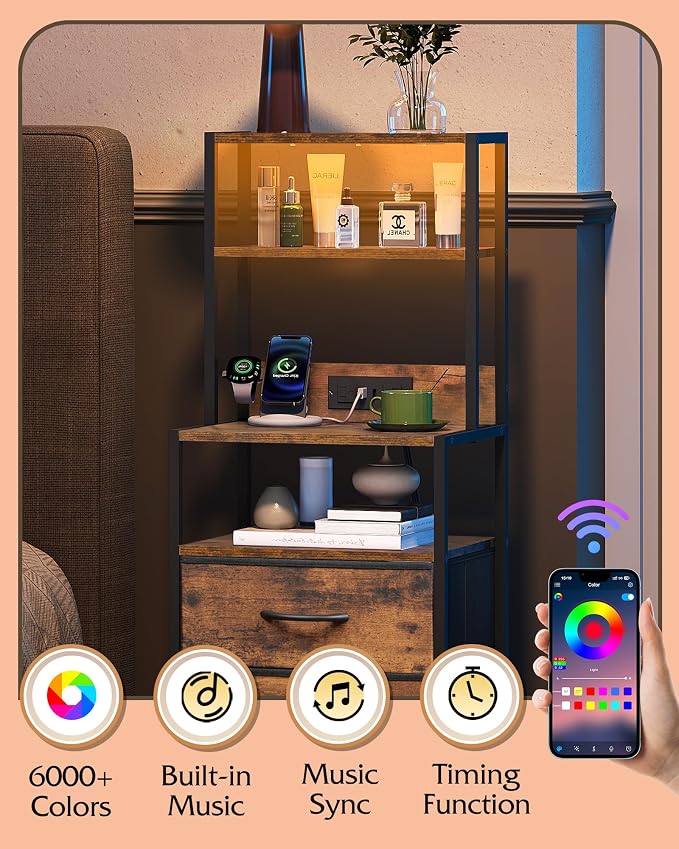 WLIVE Tall Nightstand with Charging Station, LED Night Stand with 4 Drawers and Storage Open Shelves, Fabric Dresser for Bedroom, Office, Rustic Brown