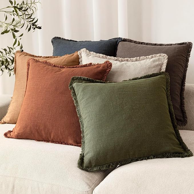 Foindtower Set of 2 Decorative Linen Fringe Throw Pillow Covers Boho Farmhouse Cushion Cover with Tassels Soft Accent Pillowcase for Couch Sofa Bed Living Room Home Decor, 26×26 Inch, Fall Rust Orange