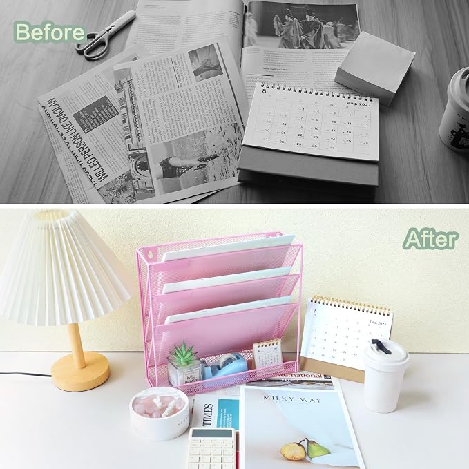 3 Pockets Mesh Wall File Holder Organizer with Bottom Flat Tray, Office Hanging File Folder Magazine Rack, Nametag Label Hooks Set Included, Pink