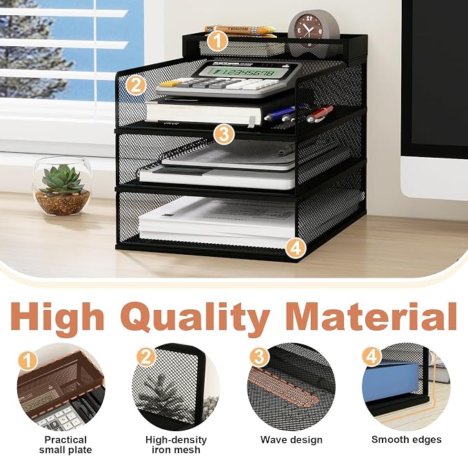 Natwind 3-Tier Stackable Metal Mesh Letter Paper Tray Organizer,Black | Desk Organizer For Paper,Document,Mail Tray For Office Supplies,File Holder For Home Office School Classroom Organization