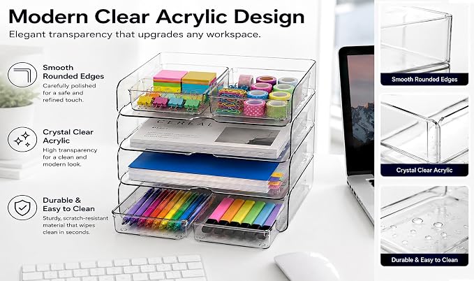 DCA 4 Tier Desk Organizer, Clear Paper Tray with 4 Storage Bins | Stackable Letter Tray | Modular Storage System | Office, Home & School | Large Capacity