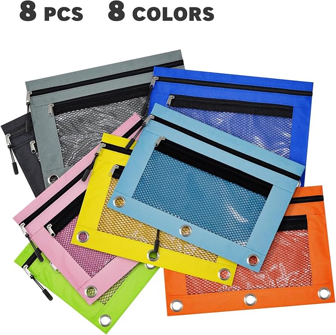 3 Ring Pencil Pouch, Binder Pencil Pouch with Zipper and Mesh Window,8pack 8colors