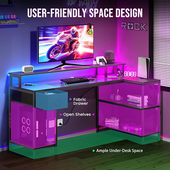 DUMOS Gaming Desk, Monitor Stand, LED Lights, Storage Shelves | USB Charging Ports, Power Outlets, Reversible L Shaped Corner, Small Spaces, Black