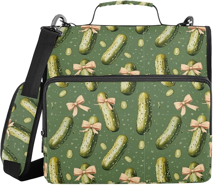 Aslsiy Zipper Binder Bag for Girls Boys Pink Bows Pickle Cucumber (11) 1.5 inch 3-Ring Binder Organizer with Shoulder Strap for School Office Supplies