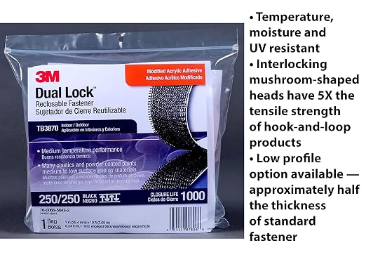 3M Dual Lock Reclosable Fastener TB3870, Black, 1 in x 10 ft, Type 250/250 | Heavy Duty, Industrial Use, Indoor/Outdoor, Great for Metal, Acrylic, PC, ABS, Powder Coated Paints, (1 Mated Strip/Bag)