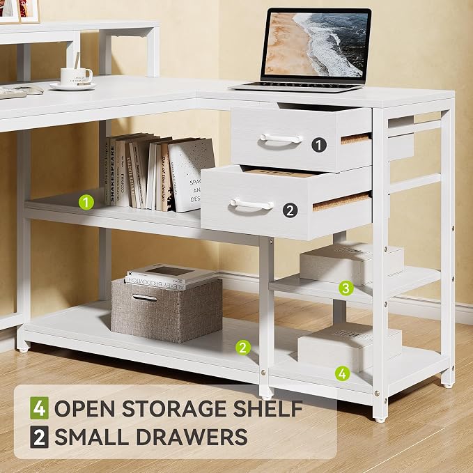 LITTLE TREE 55-Inch L-Shaped Computer Desk, Reversible Computer Desk with Drawers and Storage Shelves, Corner Desk Gaming Desk Work Desk for Home Office, White