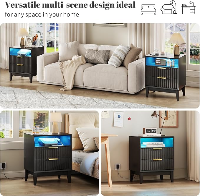 LED Nightstand Set of 2, RFID Lock, Charging Station, Black | Bedside Table with Hidden Drawer, 2 Drawers, Open Cubby, Motion Sensor, USB and Type-C Ports, Night Stand for Bedroom