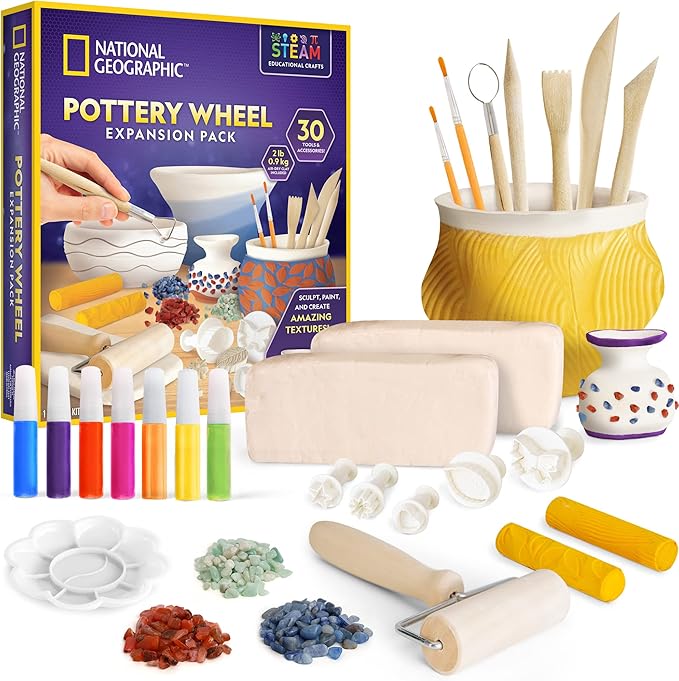 National Geographic Pottery Wheel Refill Kit with 2 Lbs. Air-Dry Clay | 2 Lbs. Air-Dry Clay, 30 Pottery Tools and Accessories, Gemstone Chips, 7 Paints, Sculpting Supplies, Creative Craft