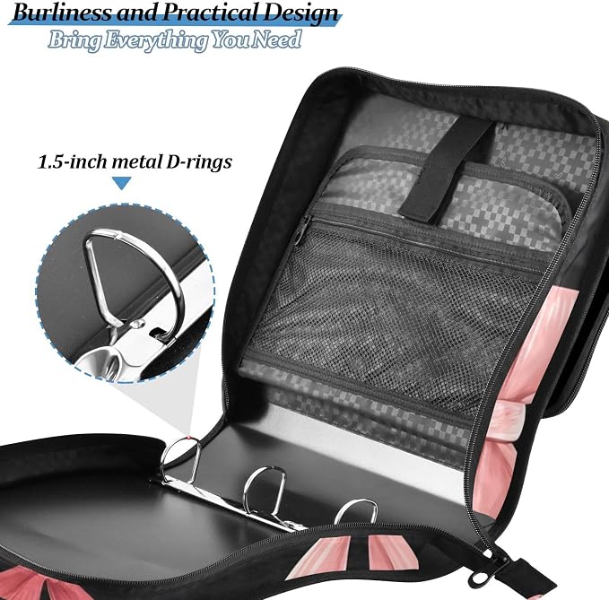 3 Ring Zipper Binder with Shoulder Strap Pink Red Bow Black 1.5 inch Binders Keeper Large Capacity Multi Pockets for School Office Supplies