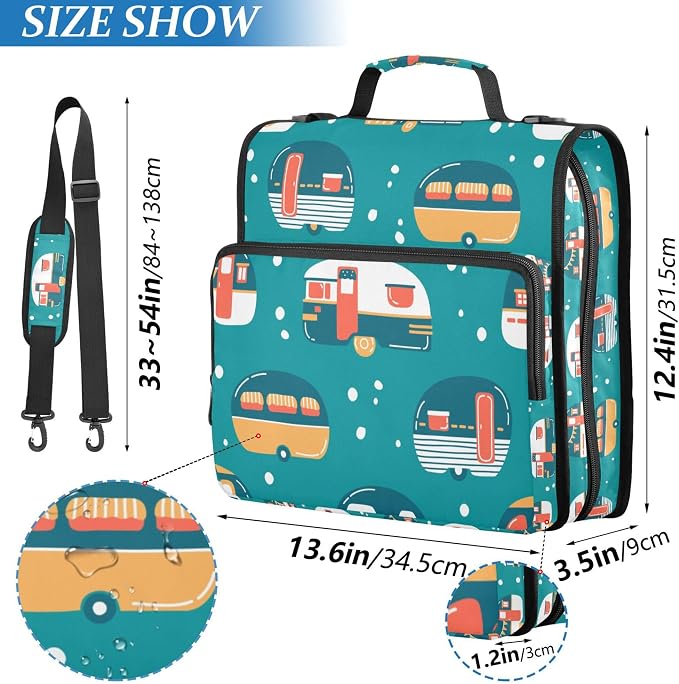 Fisyme Cartoon Camping Trailers Zipper Binder 3 Ring with Zipper and Shoulder Strap Large Capacity Multi-Pocket Zipper Binder Organizer