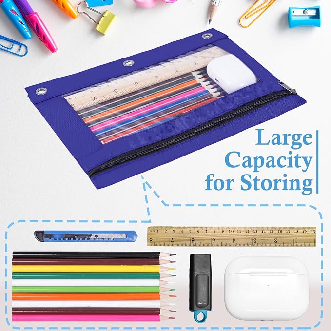 YoeeJob 60 Pack Zipper Pencil Pouch for 3 Ring Binder with Clear Window for School and Office Supplies (Blue)