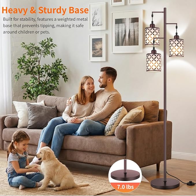 Dimmable Floor Lamp, Farmhouse Standing Lamp with Elegant Metal Cage, Industrial Tall Tree Floor Lamps for Living Room Bedroom Study Office with Remote & 3 x 1100LM 12W LED Bulbs, 72" Brown
