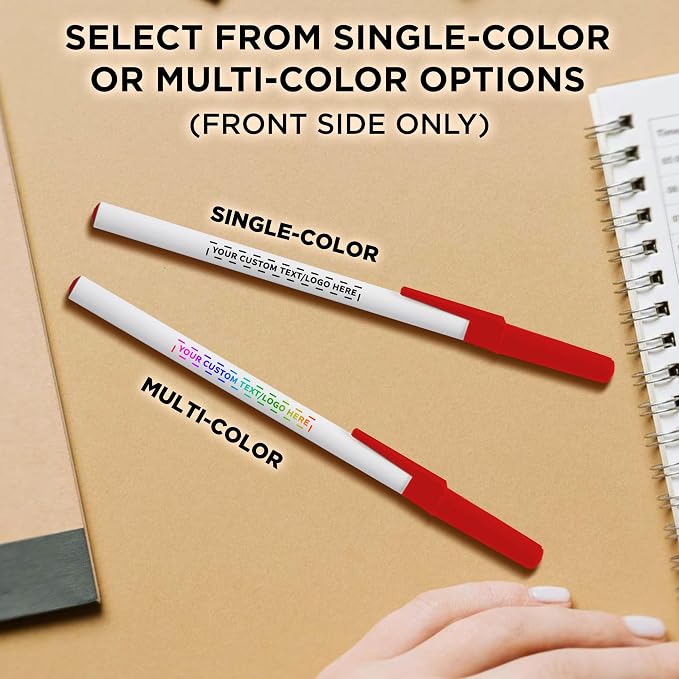 DISCOUNT PROMOS Custom Value Stick Pens Set of 50, Personalized Bulk Pack - Blue Ink, Great for Office, School, Business, Tradeshows, Events - Red Cap
