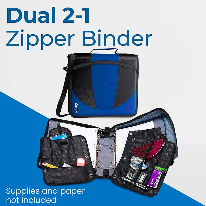 Case-it Dual Binder | Two 1.5" D-Rings | 600-Sheet | Dual-101 Midnight Blue | Dual 2-in-1, Pencil Pouch, Multiple Pockets, School & Office Organizer, Shoulder Strap