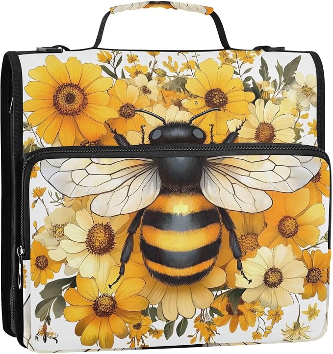 3 Ring Zipper Binder with Shoulder Strap Yellow Daisy Bee Bumblebees 1.5 inch Binders Keeper Large Capacity Multi Pockets for School Office Supplies
