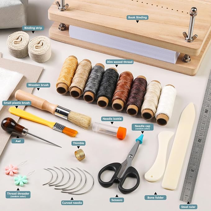 UzecPk Book Binding Kits, Bookbinding Kit 11.8”x7.6” Wooden Book Press | Materials Book Making Kit Bookbinding Supplies with Book Cloth Bone Folder Awl Needles Wax Thread for Bindings Repair