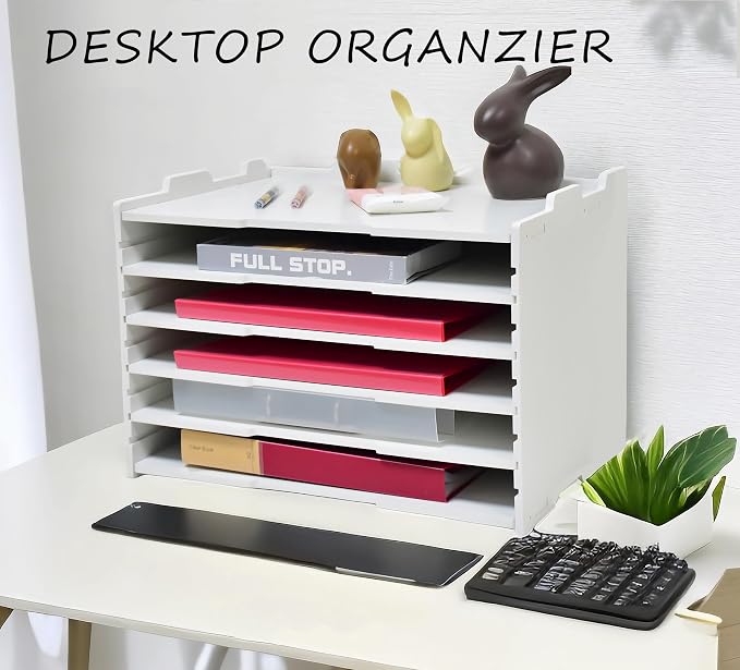YFS 4 Tier Adjustable Shelves Office Desk Organizer,Wooden Desk File Organizer, Letter Tray, Document Letter Mail Tray Sorter, White/Black (White-4tray(with 3 Adjustable Shelves))