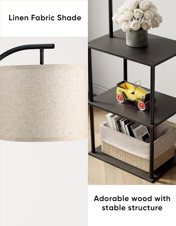 Floor Lamp with Table, Night Stand with Lamp, Narrow Side Table with 3CCT LED Bulb, Small Coffee Table, Modern End Table with Storage Shelves for Living Room Bedroom Home Décor, Black