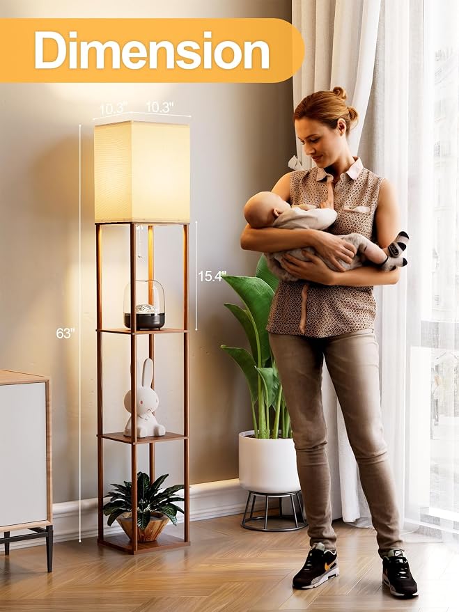 Floor Lamp with Shelves for Living Room Walnut Brown 2 Pack, Shelf Floor Lamp with 3 CCT LED Bulb, Corner Display Standing Column Lamp Etagere Organizer Tower Nightstand for Bedroom