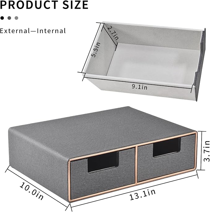 Linen Leather Desk Organizer with Drawers－Mini Desktop Drawer Organizer Stackable－Multifunctional Tabletop Organization Storage Box for Office Supplies Home Vanity Toiletries (Grey, 2-drawers)