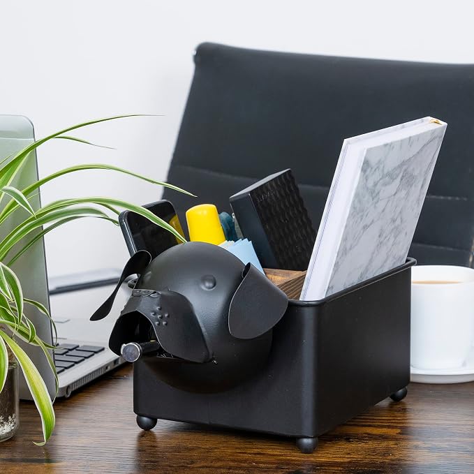 Desk Organizer, 1-5 Module Compartments - Storage for Stationery Supplies, Accessories, brushes - Home, Office, School, Dorm, Studio - Build in Pen & Pencil Holder (Black Dog)