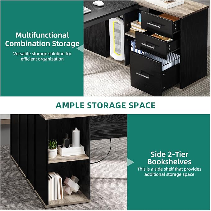 YITAHOME Executive Desk with Power Outlets | Power Outlets, File Cabinet, Drawers & Storage Shelves, Corner Office Desk with Bookshelf, For Home Office