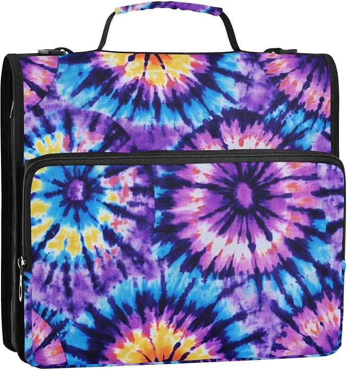 Tie Dye Blue Purple 3 Ring Binder Bag 1.5 inch Binder Organizer with Zipper Shoulder Strap 500 Sheet Documents Storage for School Office