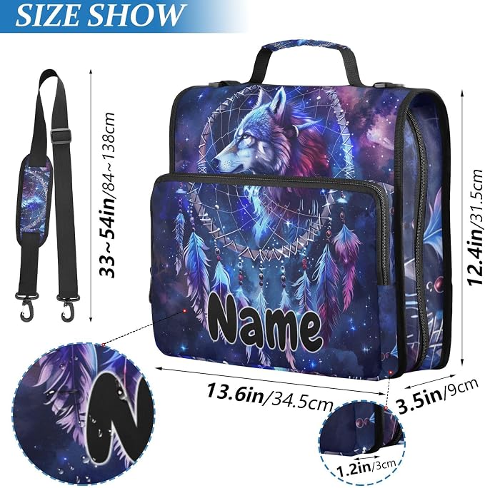 Custom Wolf Head Dreamcatcher Galaxy 3 Ring Binder Bag 1.5 inch Personalized Name Binder Organizer 500 Sheet Documents Storage for School Office