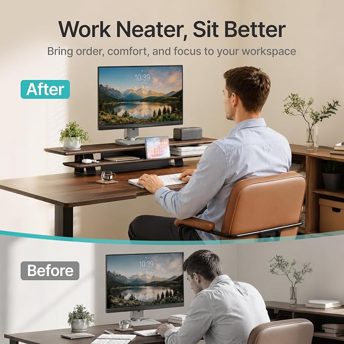 Dual Clamp-On Wooden Monitor Stand, 41.7" 2-Tier Desk Riser Organizer | Monitor Stands Riser for 2 Monitors，Magnetic Back Panel,Fit Computer & Laptops,for Home Office