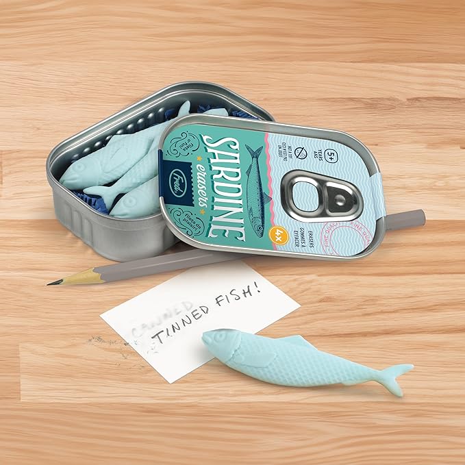 Genuine Fred Sardine ERASERS, Set of 4 Fish-Shaped Erasers, Quality Materials, Fun Desk Accessory, Packed in Charming, Well-Designed Sardine Tin, Perfect for School, Home, Office, and Gifts