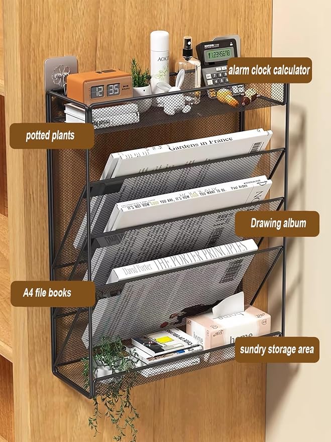 5 Tier Mesh Wall File Organizer,3 Pockets vertical Mount Hanging Organizer with Top/Bottom Tray | 2 Hooks | Wall Mount & Door Hanging for Office Home
