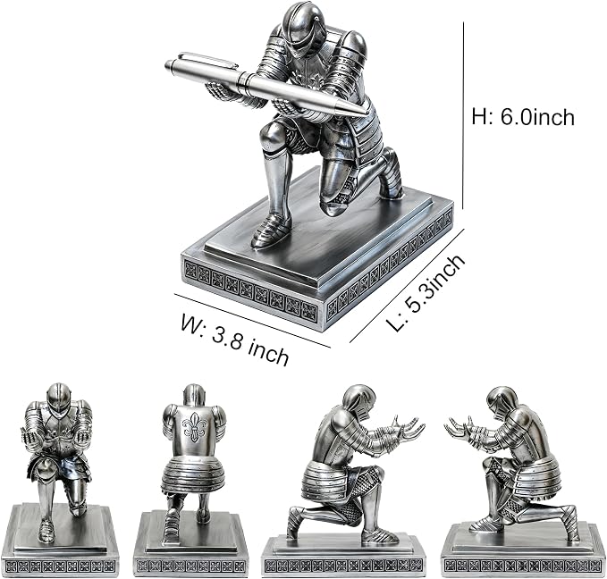 Soldier Executive Knight Pen Holder Personalized Desk Organizers Silver | Desk Accessory Pen Stand for A Gift - Decorative Resin Pencil Holders Desk Organizer For Men
