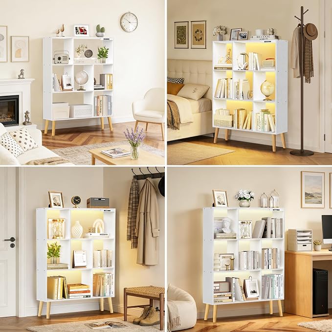 7-Cube Bookshelf with LED Lights, Touch & Remote Control, Freestanding Open Bookcase Storage Shelf, Dimmable Modern Wooden Display Organizer with Legs for Living Room, Bedroom, Office(White)