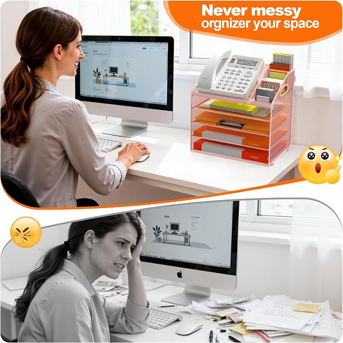 DocNest 5 Tier Metal Mesh Desk File Organizer with Phone Shelf, Pink | Desktop letter tray sorter features a 9.1x9.1 inch top phone holder, built-in sticky note compartment and pen holder