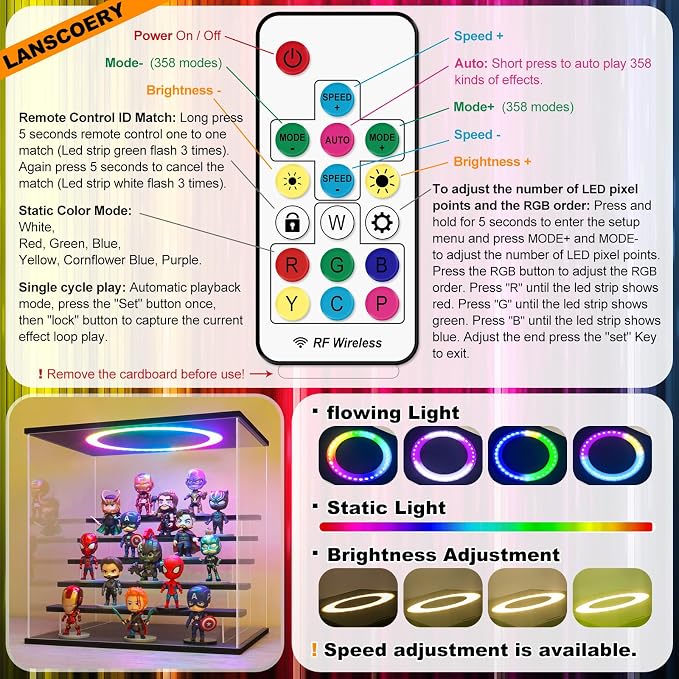 LANSCOERY Acrylic Display Case with RGBW Lights, 6 Tier Black | 15 x 11.8 x 15.8 in case displays small figures on desks or shelves with tiered rows and front access.