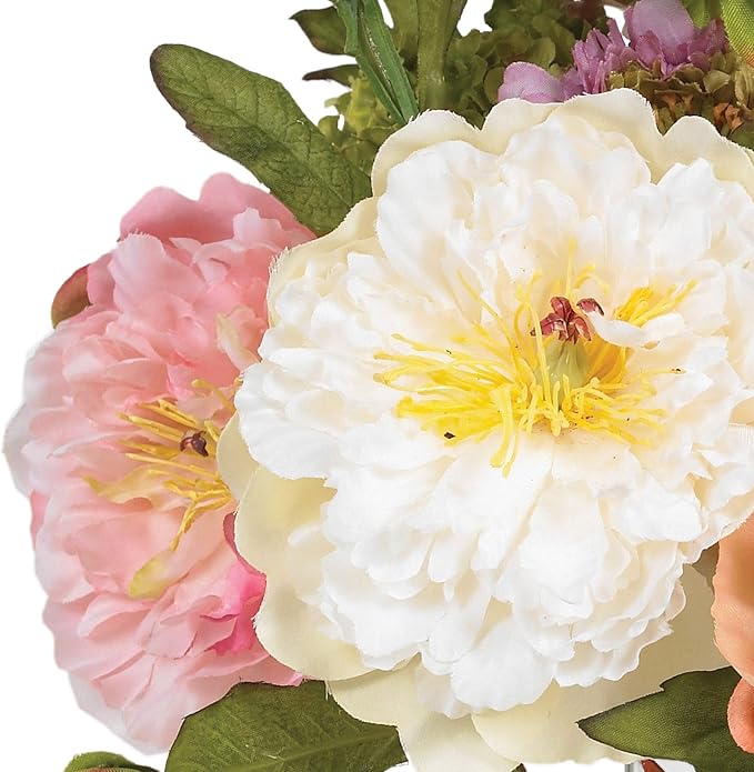 Nearly Natural 10 in Artificial Peony Arrangement in Glass Vase | Mixed Peony Faux Flower Blooms, Liquid Illusion Water in Glass Vase, Mini Table and Shelf Decor