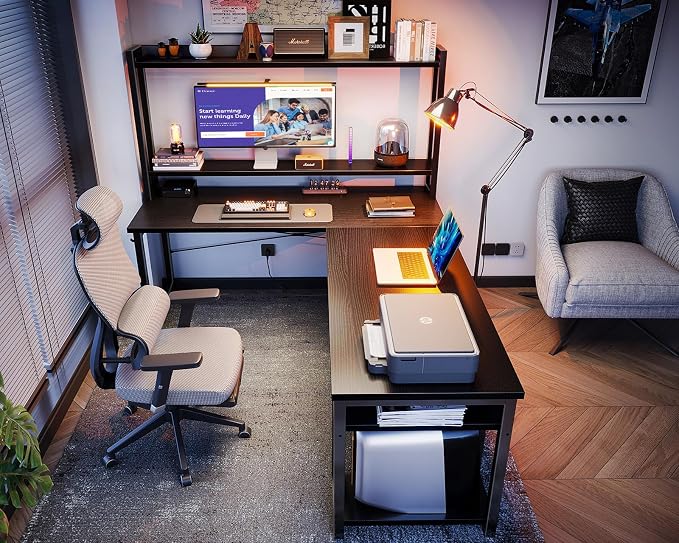 ODK L Shaped Gaming Desk with Hutch, Computer Desk with Storage Shelves, 66" L Shaped Desk for Home Office, Corner Desk with Headphone Hook, Black | Computer Desk with Storage Shelves, L Shaped Desk for Home Office, Black Corner Desk