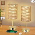 Gold Bedside Lamps Set of 2, Touch Control Night Stand Lamp for Bedroom with Rattan & Linen Shade & Bulbs, 3 Way Dimmable Small Boho Table Lamps with USB Charging Port & Phone Stand
