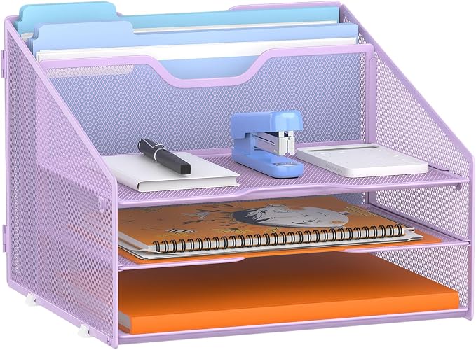 GAWERK Letter Tray Organizer, Mesh Desk File Organizer with 3 Paper Trays and 2 Vertical Upright Section (Purple)