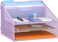 GAWERK Letter Tray Organizer, Mesh Desk File Organizer with 3 Paper Trays and 2 Vertical Upright Section (Purple)