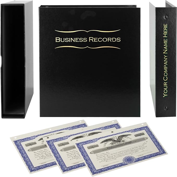 Business Records Corporate Kit (Black) - Binder, Slipcase, Minutes & Bylaws, Stock Certificates with Stubs & Customizable Index Tabs