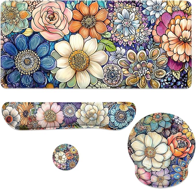 Flowers Mouse Pad Set Colorful Abstract Floral Pattern Gaming Mousepad 4in1 Desk Mat for Desktop Wrist Support Cup Coaster Set Ergonomic Computer Desk Arm Wrist for Decor Home Office