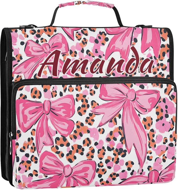 Custom 3 Ring Zipper Binder Pink Bow Leopard Print Personalized Name 1.5 inch Binders Large Capacity Multi Pockets for School Office Supplies